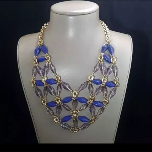 Talbots Women's Statement Bib Necklace Gold Plated, Blue Lavender Resin NWT - Picture 2 of 3